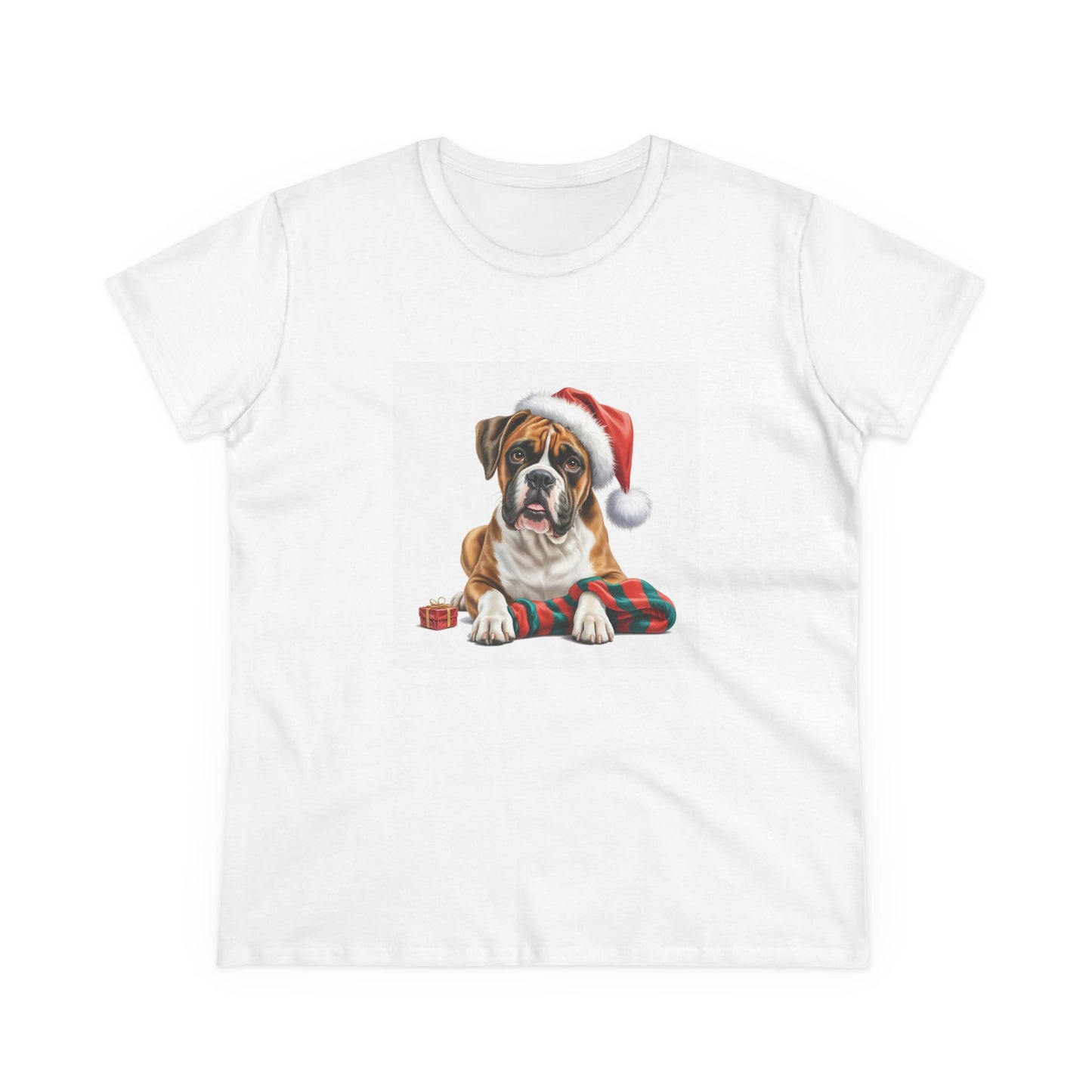Santa's little Boxer T-Shirt, Festive Dog Christmas Tee, Cute Pet T-shirt, Holiday Women's Top, Dog Lover Gift, Christmas Apparel, Funny Animal Shirt