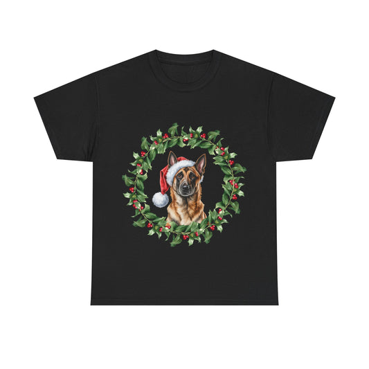 Belgian Malinois Christmas Wreath T-Shirt, Festive Belgian Malinois Dog Christmas Tee, Cute Pet Lover Shirt, Holiday Apparel, Great Gift for Dog Owners