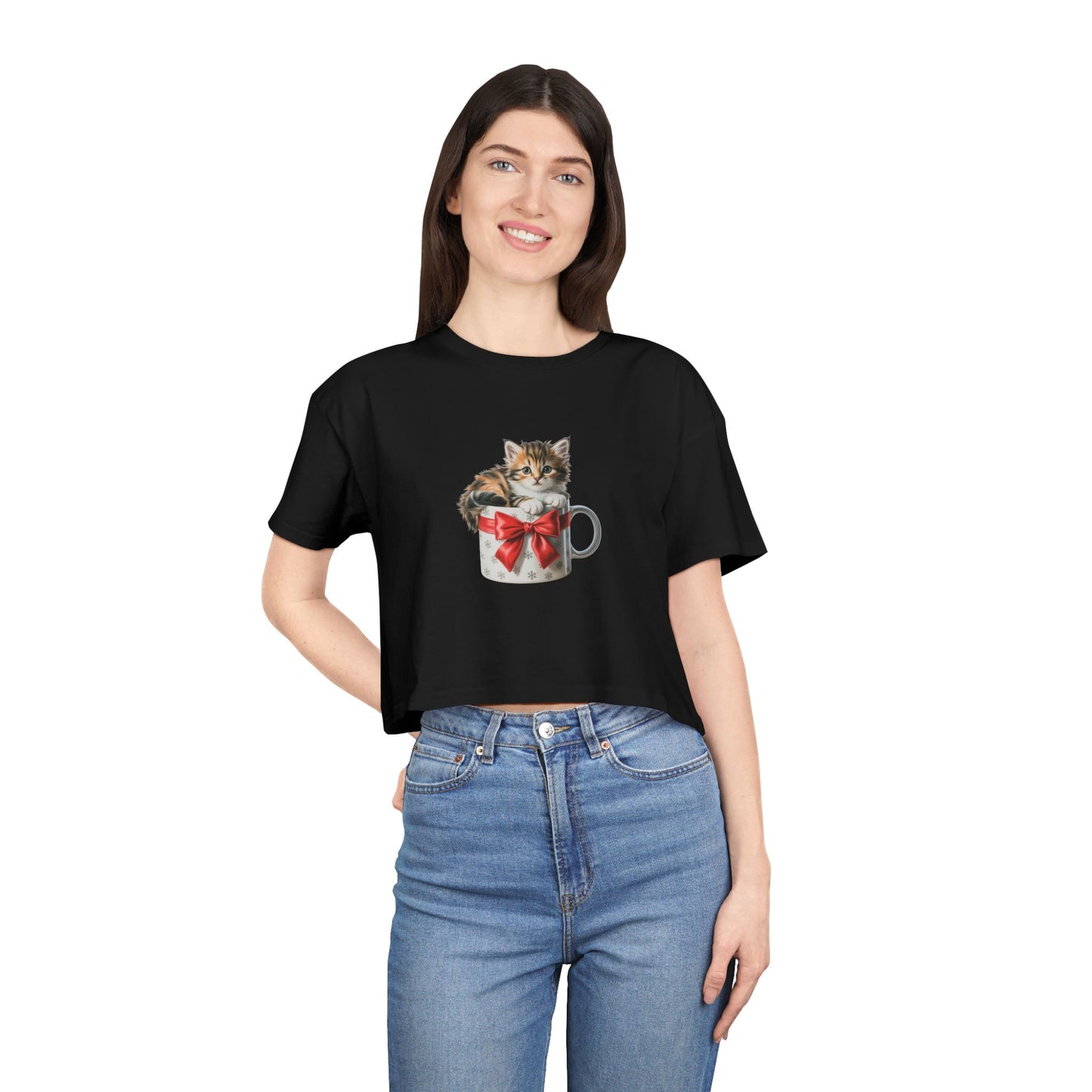 Kitten in Gift Mug Crop Tee - Cute Cat Graphic Women's Top