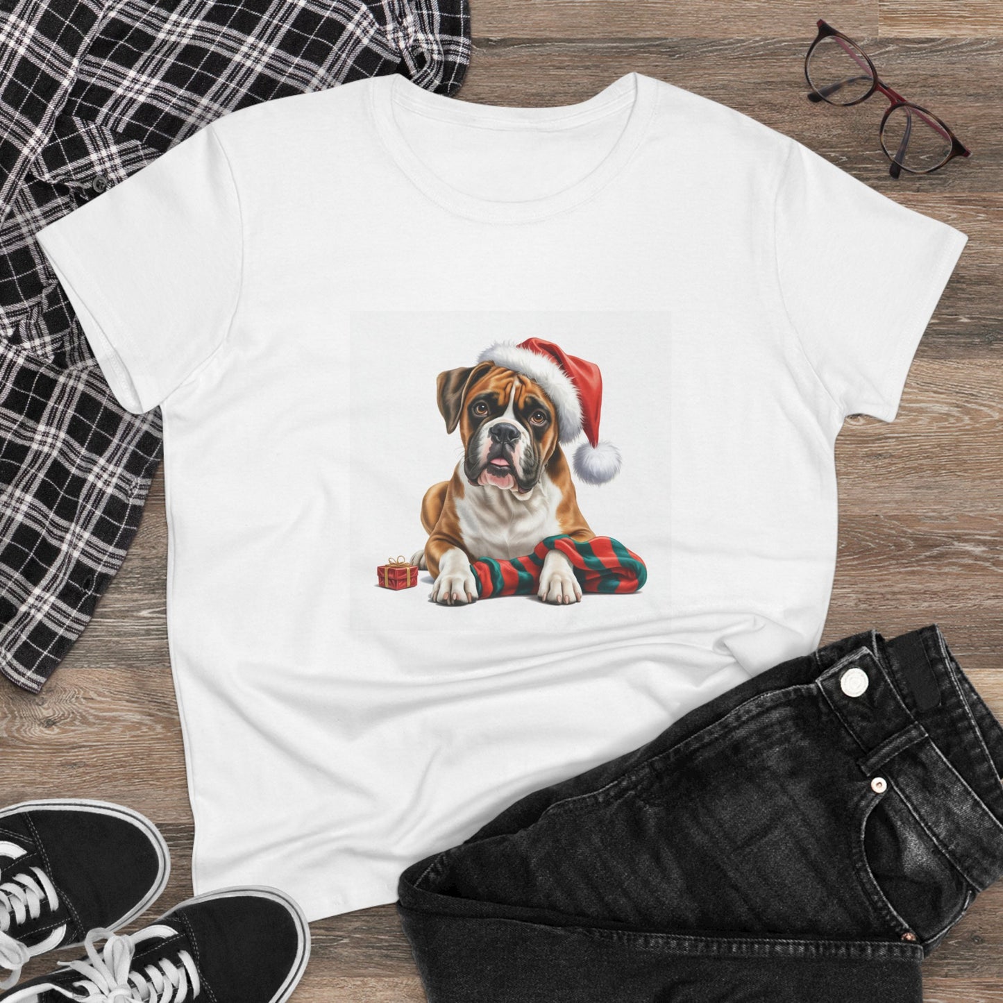 Santa's little Boxer T-Shirt, Festive Dog Christmas Tee, Cute Pet T-shirt, Holiday Women's Top, Dog Lover Gift, Christmas Apparel, Funny Animal Shirt