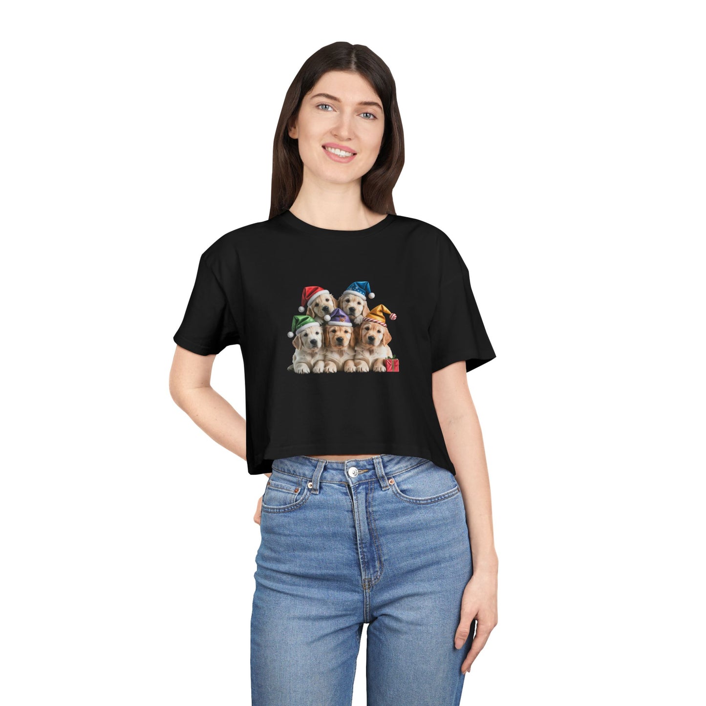 Christmas Puppy Crop Tee — Festive Dogs in Santa Hats