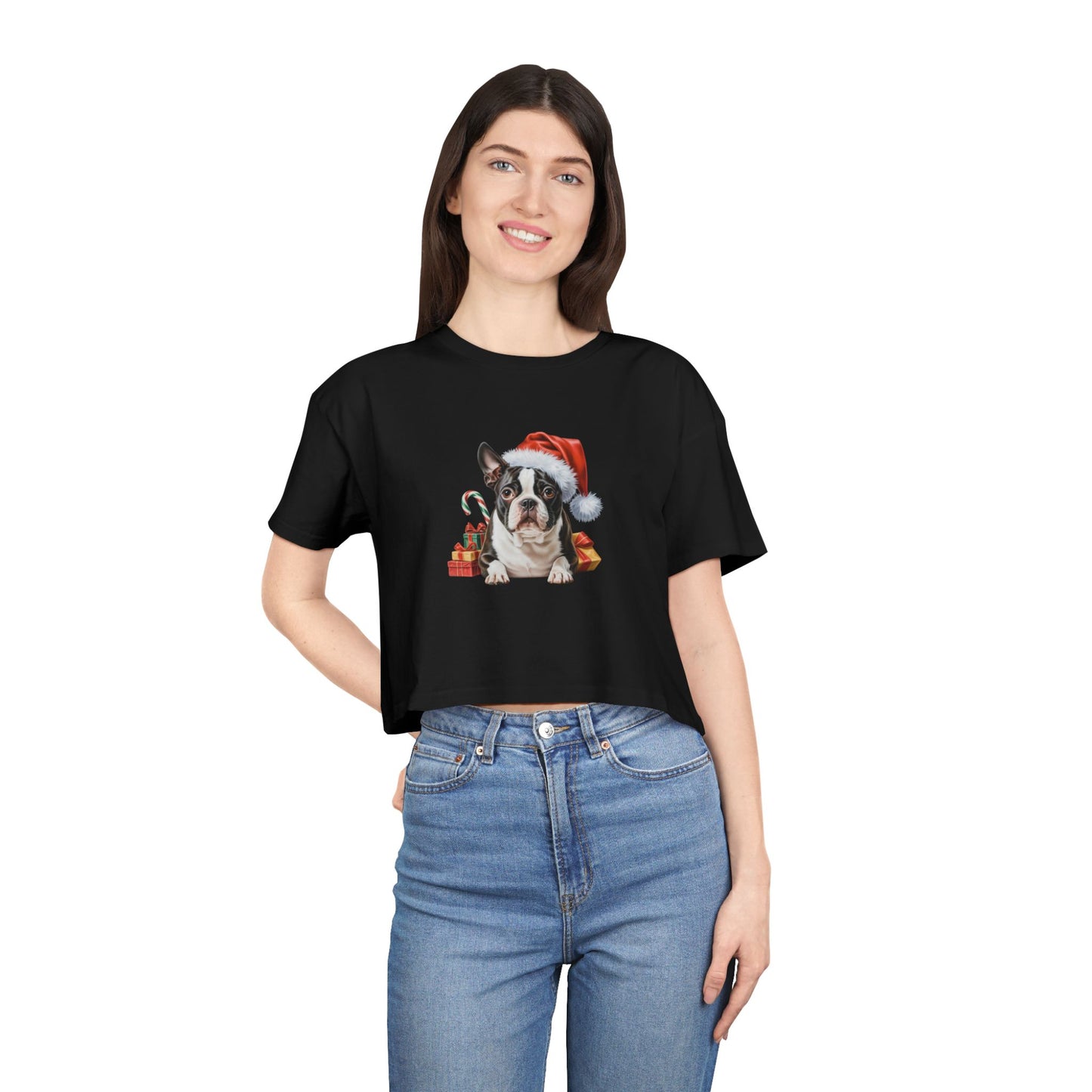 Christmas Boston TerrierCrop Tee — Cute Boston Terrier Dog Holiday Top