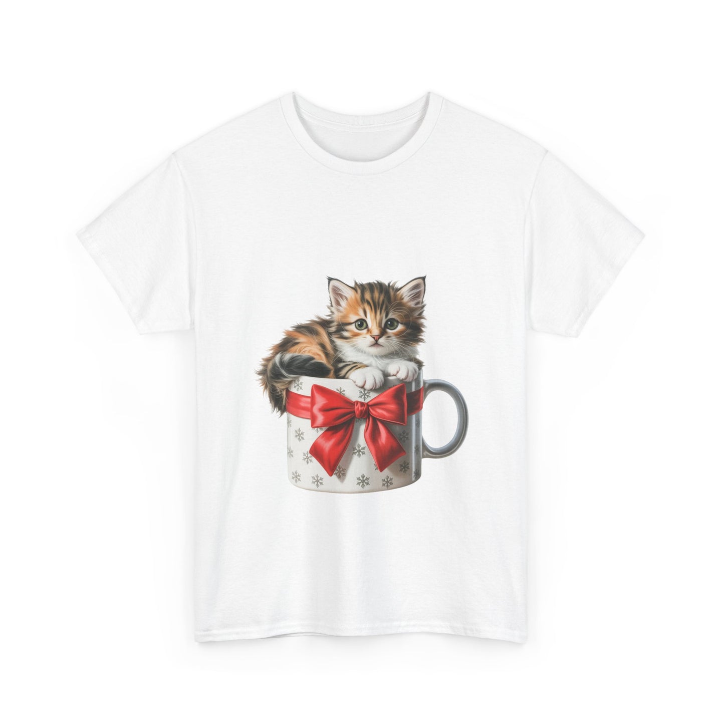 Kitten in a Gift Mug T-Shirt — Cute Cat Christmas Tee with Red Bow
