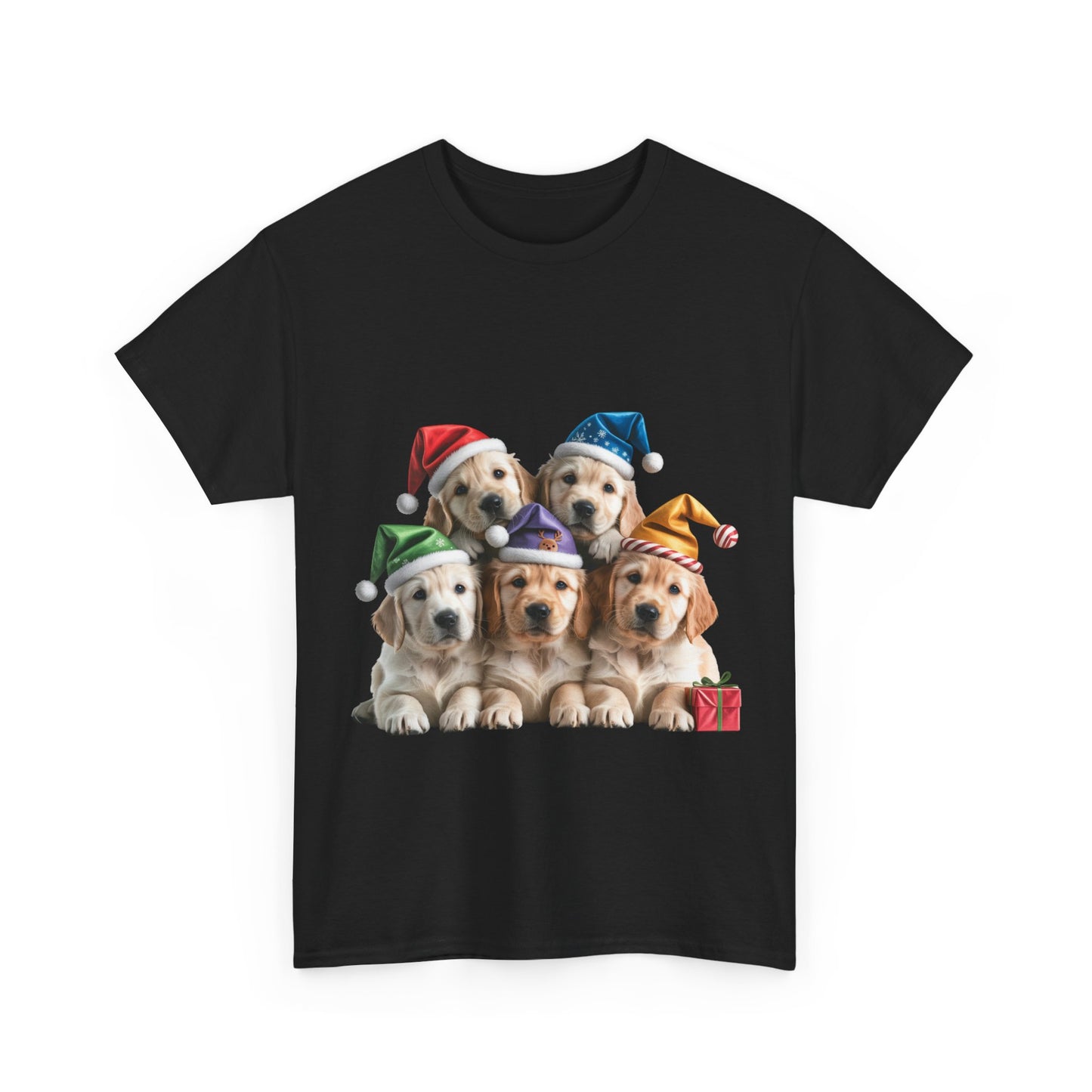 Christmas Puppies T-Shirt — Cute Golden Retriever Puppies in Santa Hats Holiday Tee