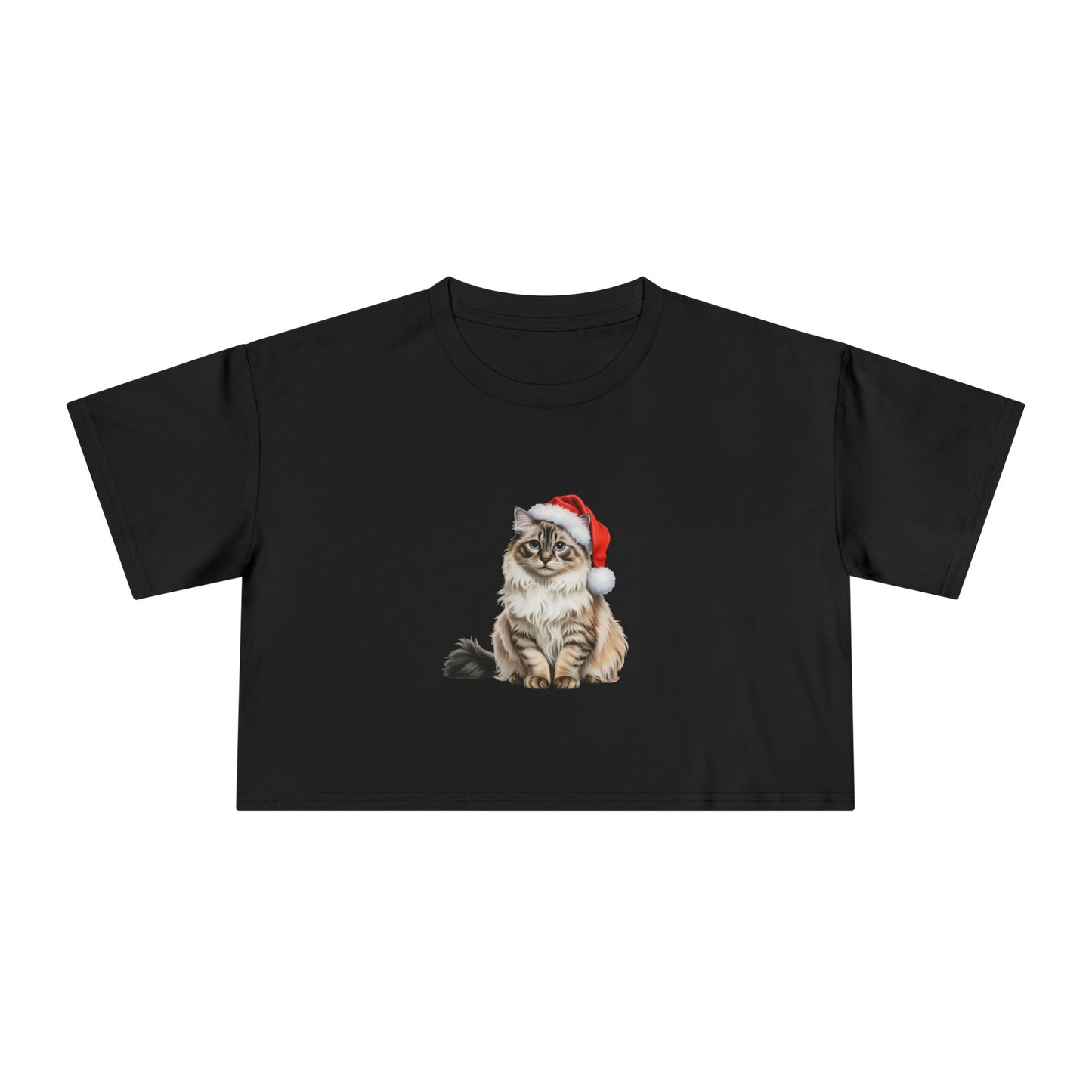 Christmas Cat Crop Tee — Cute Kitten in Santa Hat Holiday Top