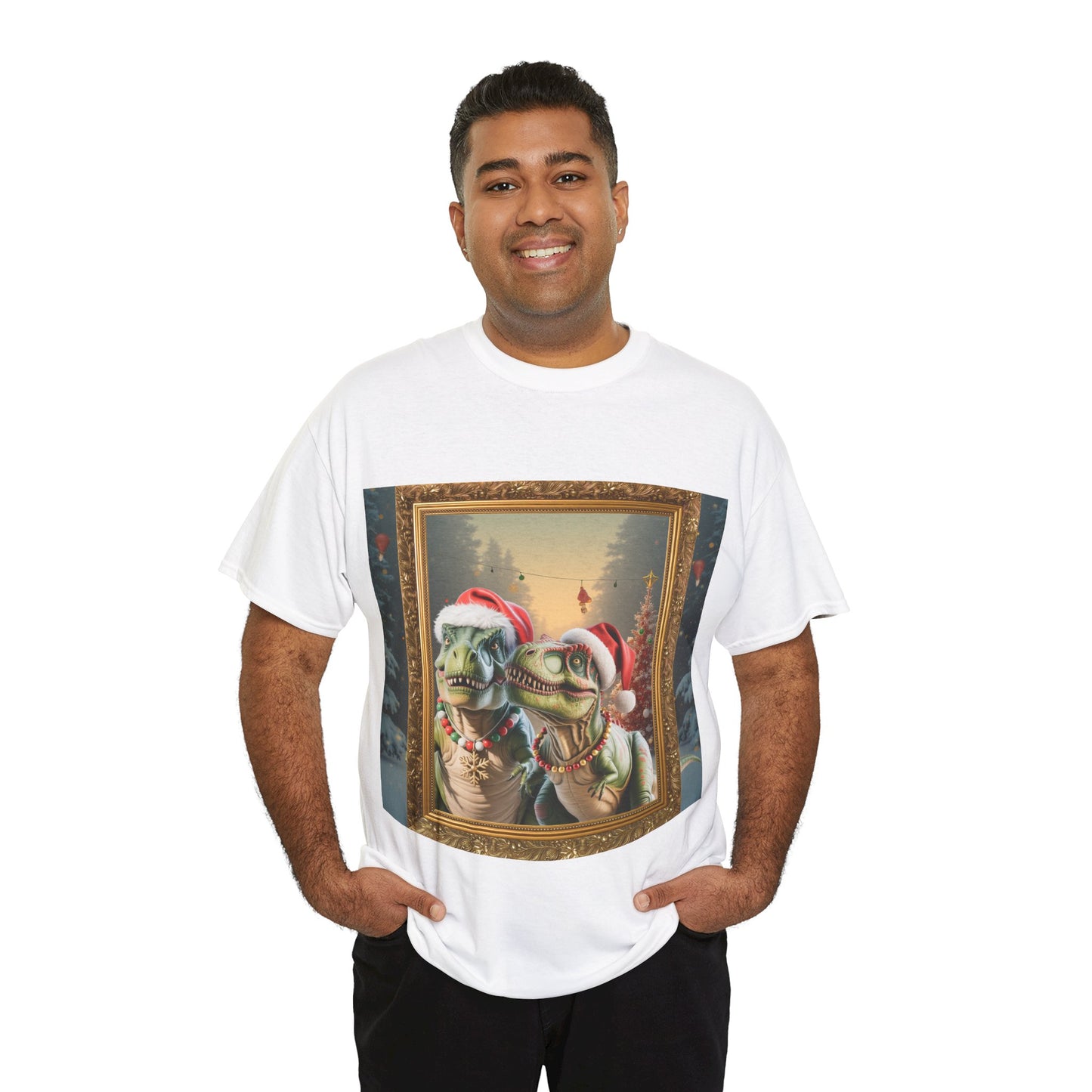 T-Shirt — Vintage Christmas T-Rexes in Santa Hats Holiday Graphic Tee