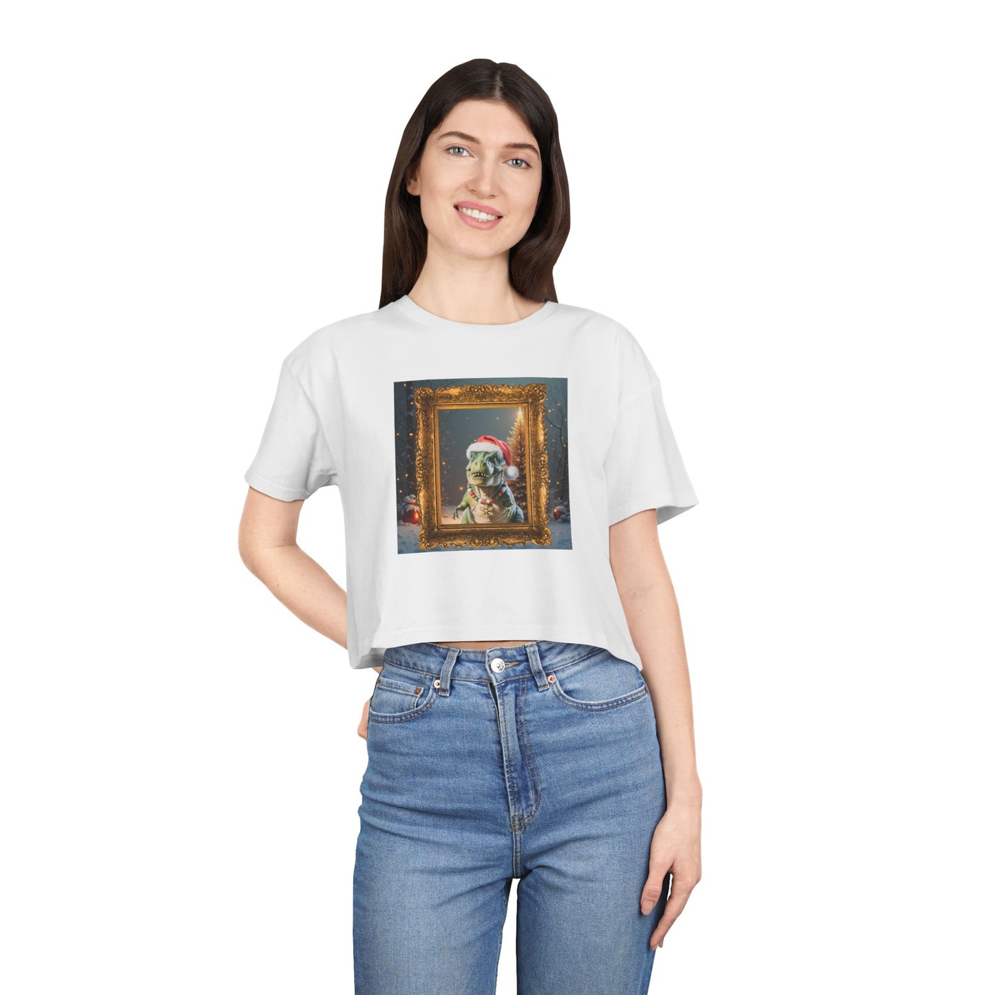 Holiday Dinosaur Portrait Crop Tee — Cute Dinosaur in Santa Hat Graphic