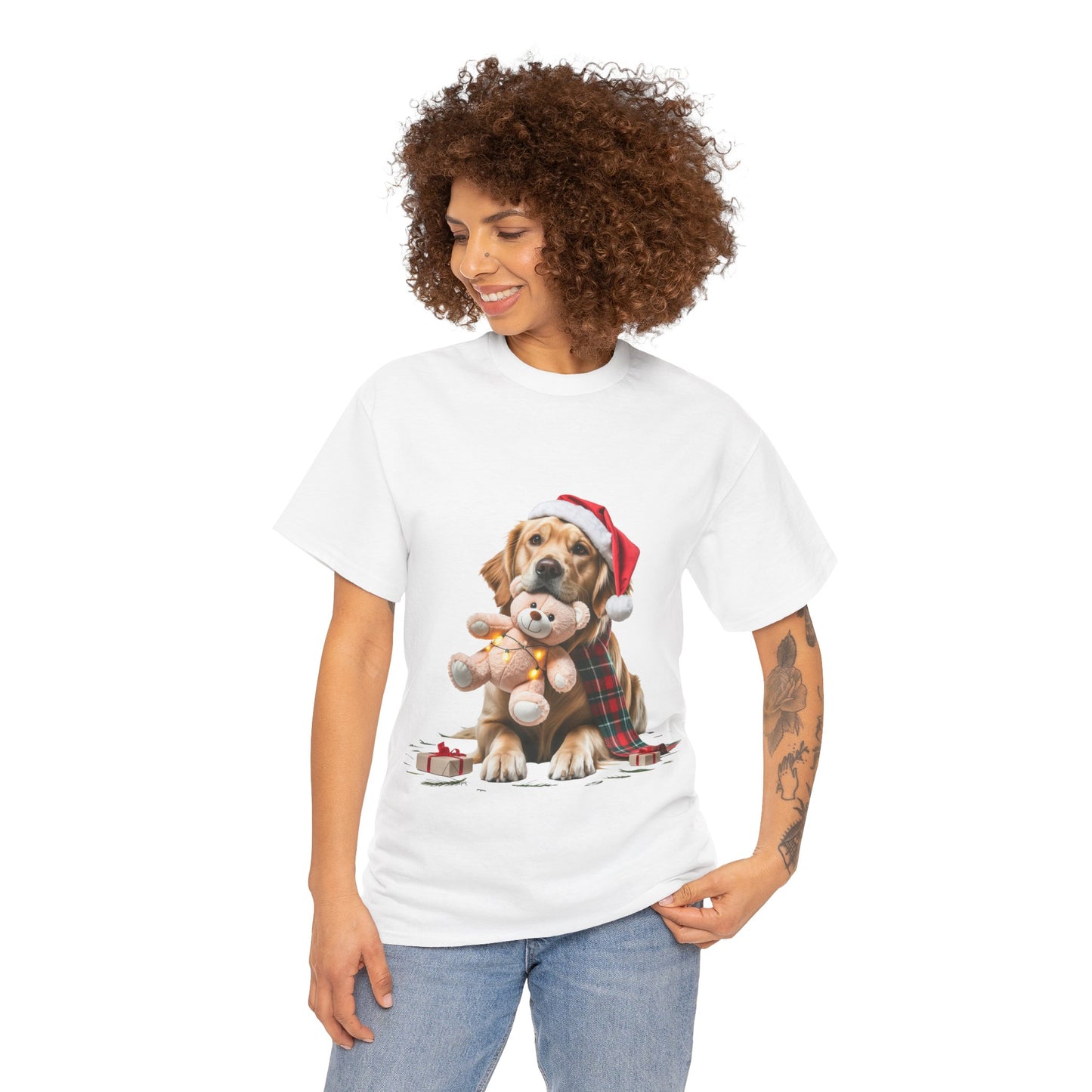 Christmas Puppy T‑Shirt — Dog in Santa Hat Hugging Teddy Holiday Tee