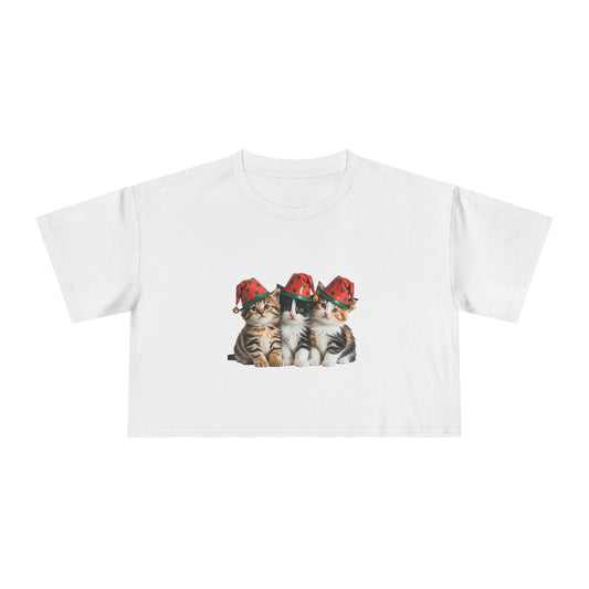 Cute Kittens in Straw Hats Crop Tee — Vintage Cat Graphic Top for Women