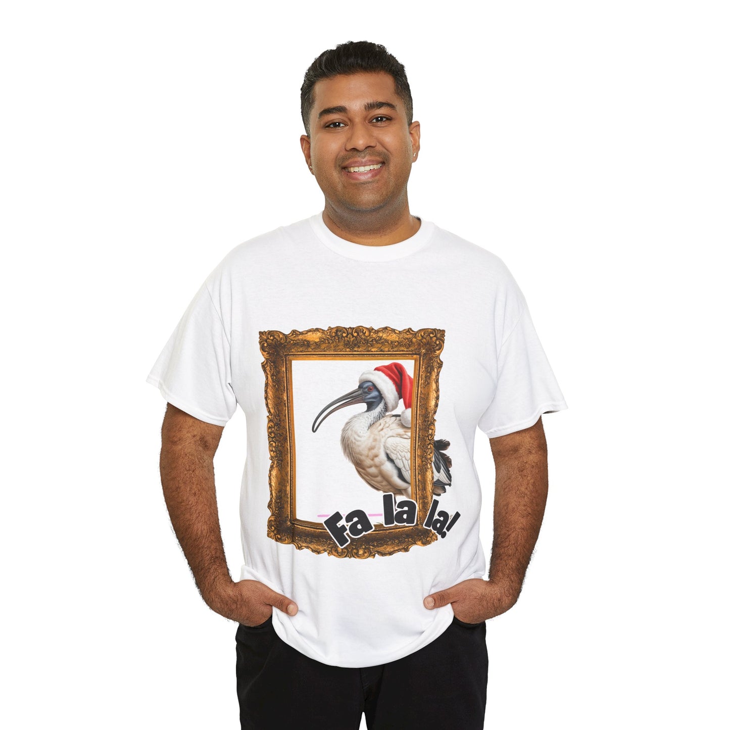 T-Shirt — Christmas Ibis in Gold Frame “Fa la la!” Holiday Tee