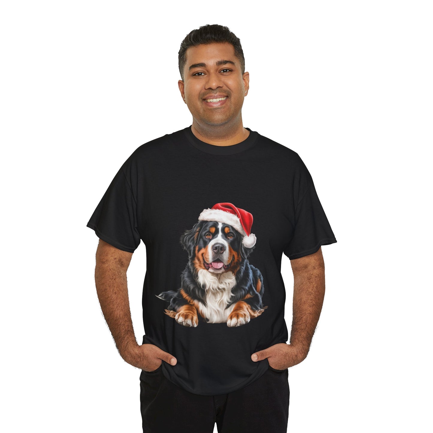 Custom Bernese Mountain Dog in Christmas hat.