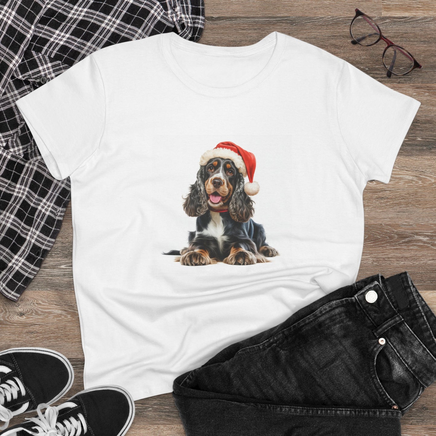 Christmas Cocker Spaniel, Cocker Spaniel Dog Lover Tee, Cute Pet Design, Holiday T-Shirt, Gift for Dog Owners, Women's Seasonal Cotton Top, Festive Puppy Apparel