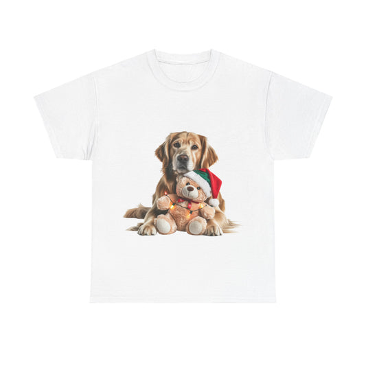 Dog with Holiday Teddy T-Shirt — Christmas Golden Retriever Tee