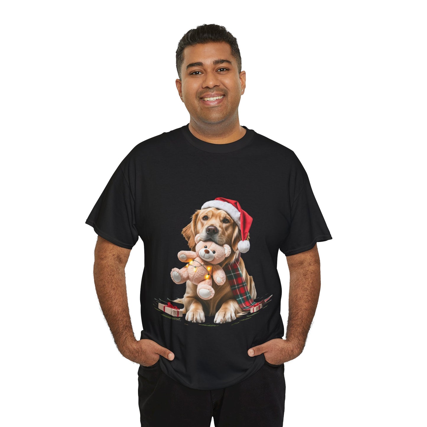 Christmas Puppy T‑Shirt — Dog in Santa Hat Hugging Teddy Holiday Tee