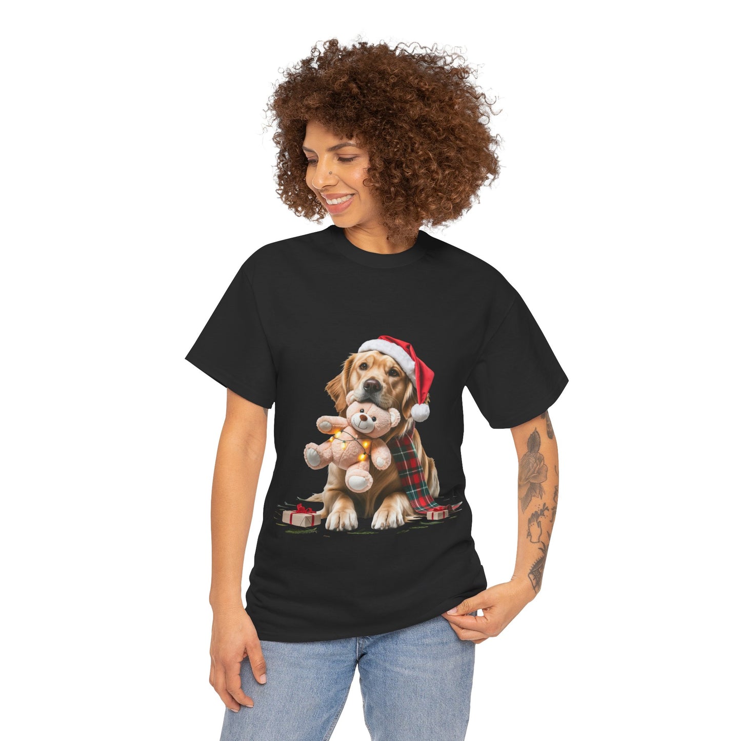 Christmas Puppy T-Shirt – Labrador in Santa Hat Holding Teddy Holiday Tee