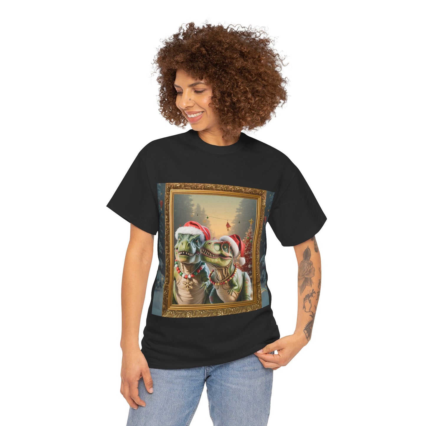 T-Shirt — Vintage Christmas T-Rexes in Santa Hats Holiday Graphic Tee