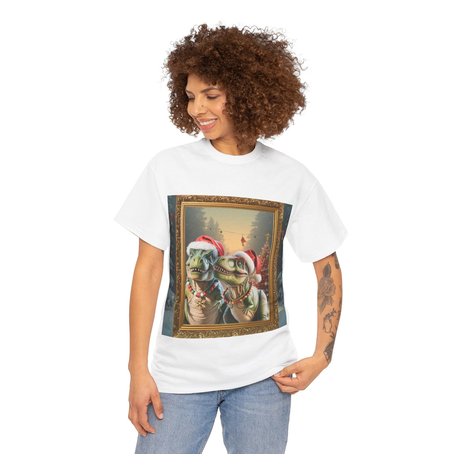 T-Shirt — Vintage Christmas T-Rexes in Santa Hats Holiday Graphic Tee