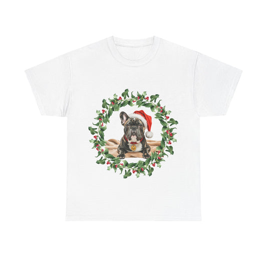 French Bulldog Christmas wreath T-Shirt, Festive Frenchie Dog Christmas Tee, Cute Pet Lover Shirt, Holiday Apparel, Great Gift for Dog Owners