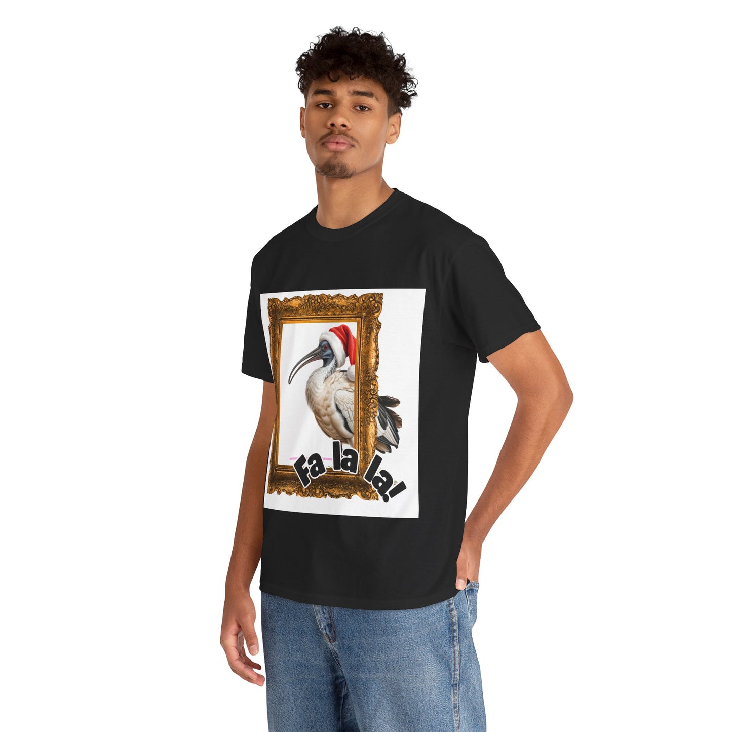 T-Shirt — Christmas Ibis in Gold Frame “Fa la la!” Holiday Tee