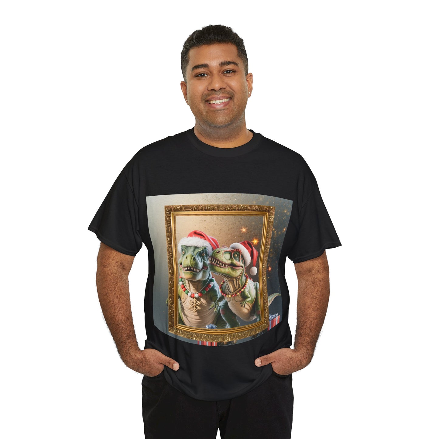 Christmas Mr & Mrs T-Rex T-Shirt — Festive T-Rex in Santa Hat with Presents