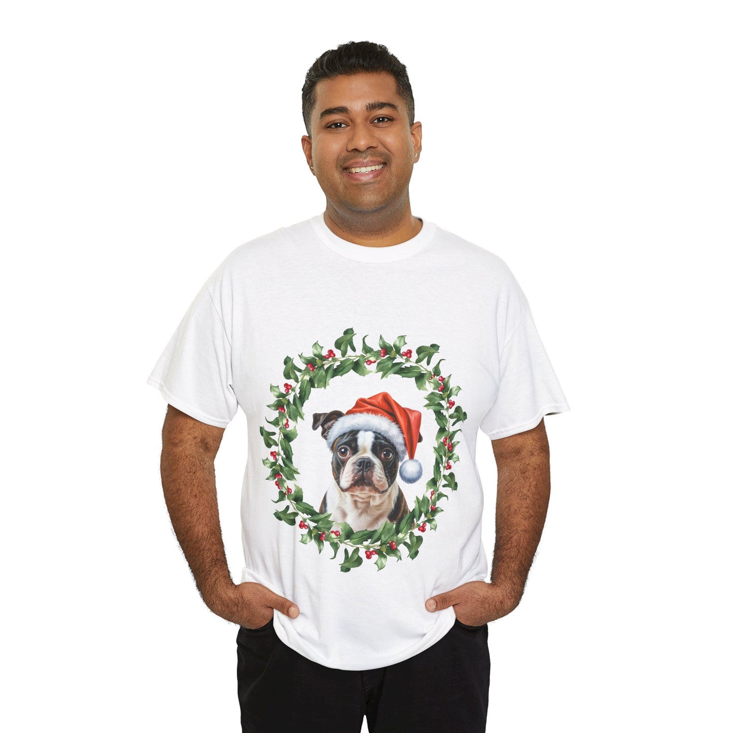 Boston Terrier Christmas wreath T-Shirt – Holiday Dog Lover Tee, Festive Small Dog Shirt, Cute Boston Terrier Xmas Gift, Pet Lover Apparel, Holiday Puppy Shirt for Boston Terrier Lovers