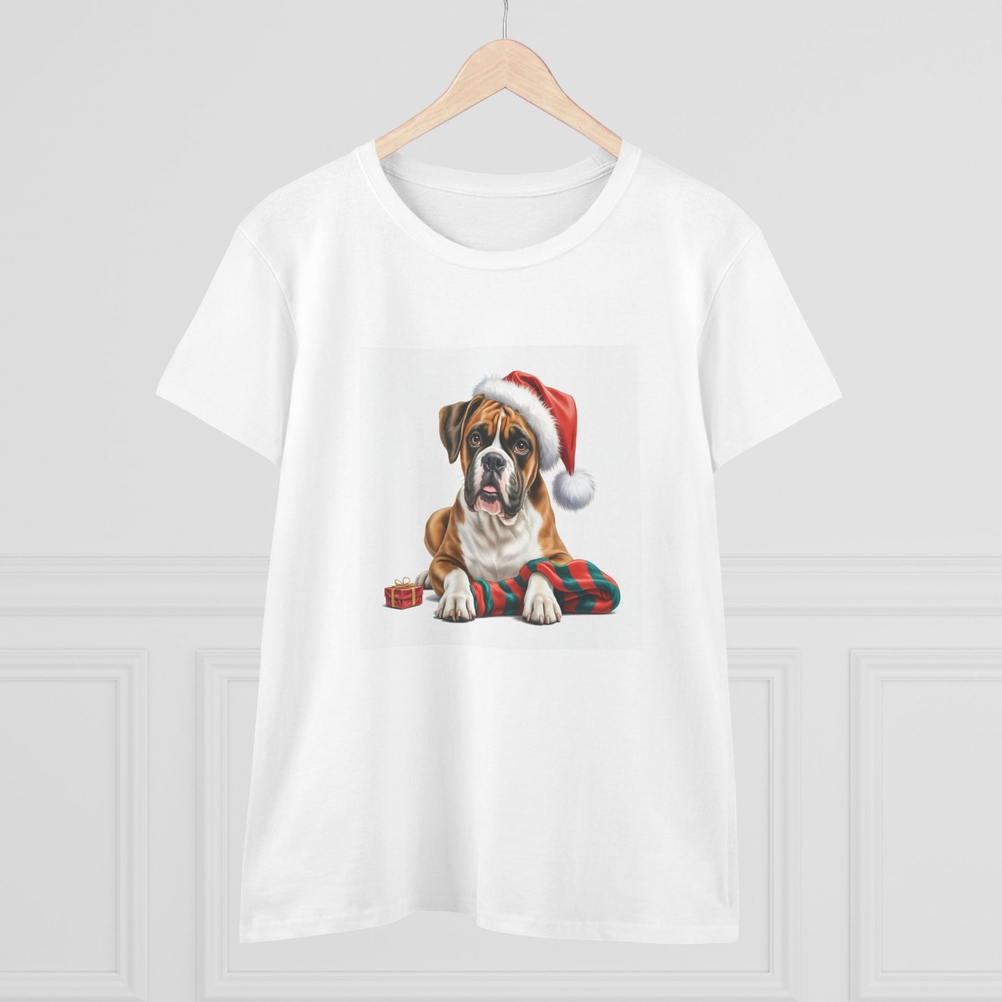 Santa's little Boxer T-Shirt, Festive Dog Christmas Tee, Cute Pet T-shirt, Holiday Women's Top, Dog Lover Gift, Christmas Apparel, Funny Animal Shirt