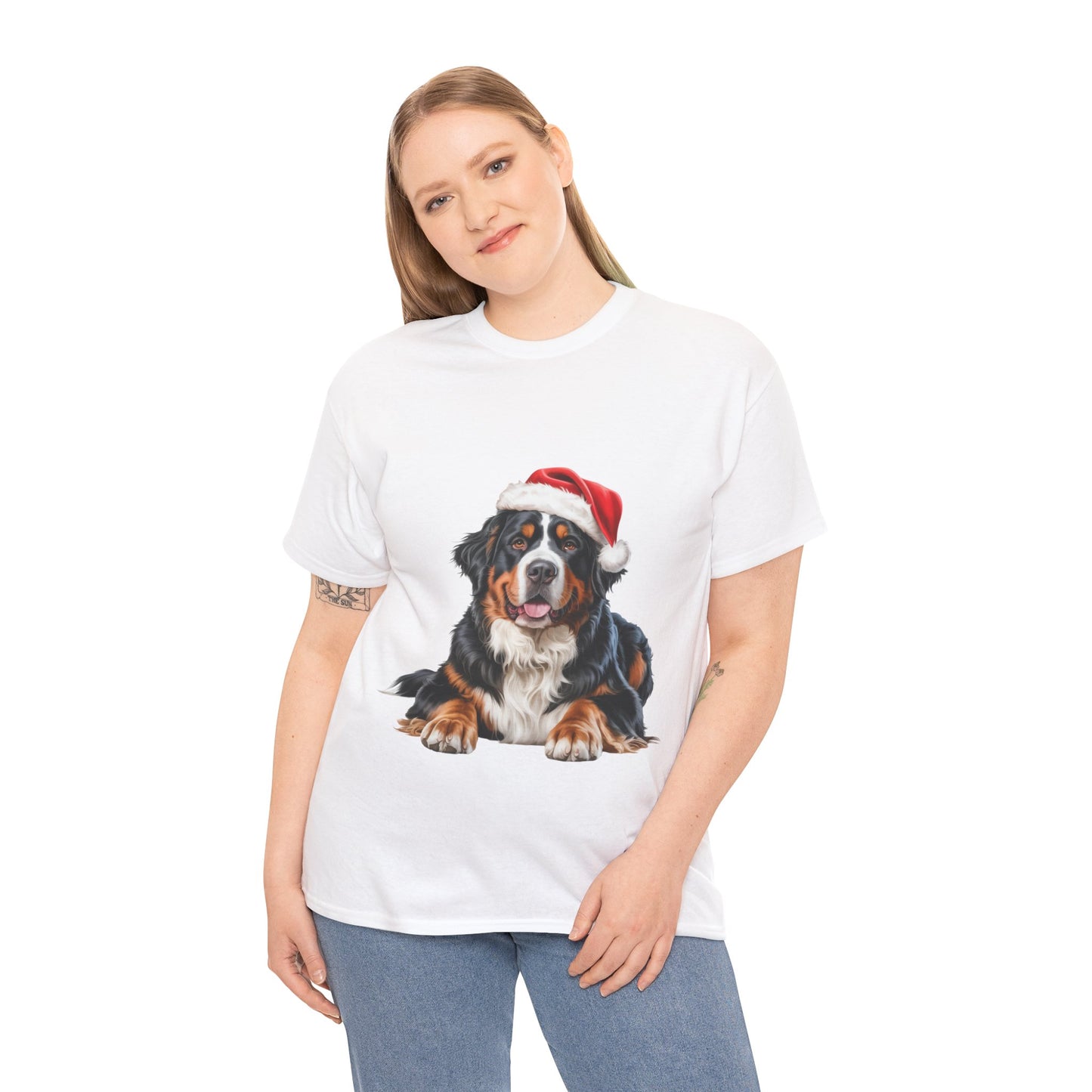 Custom Bernese Mountain Dog in Christmas hat.