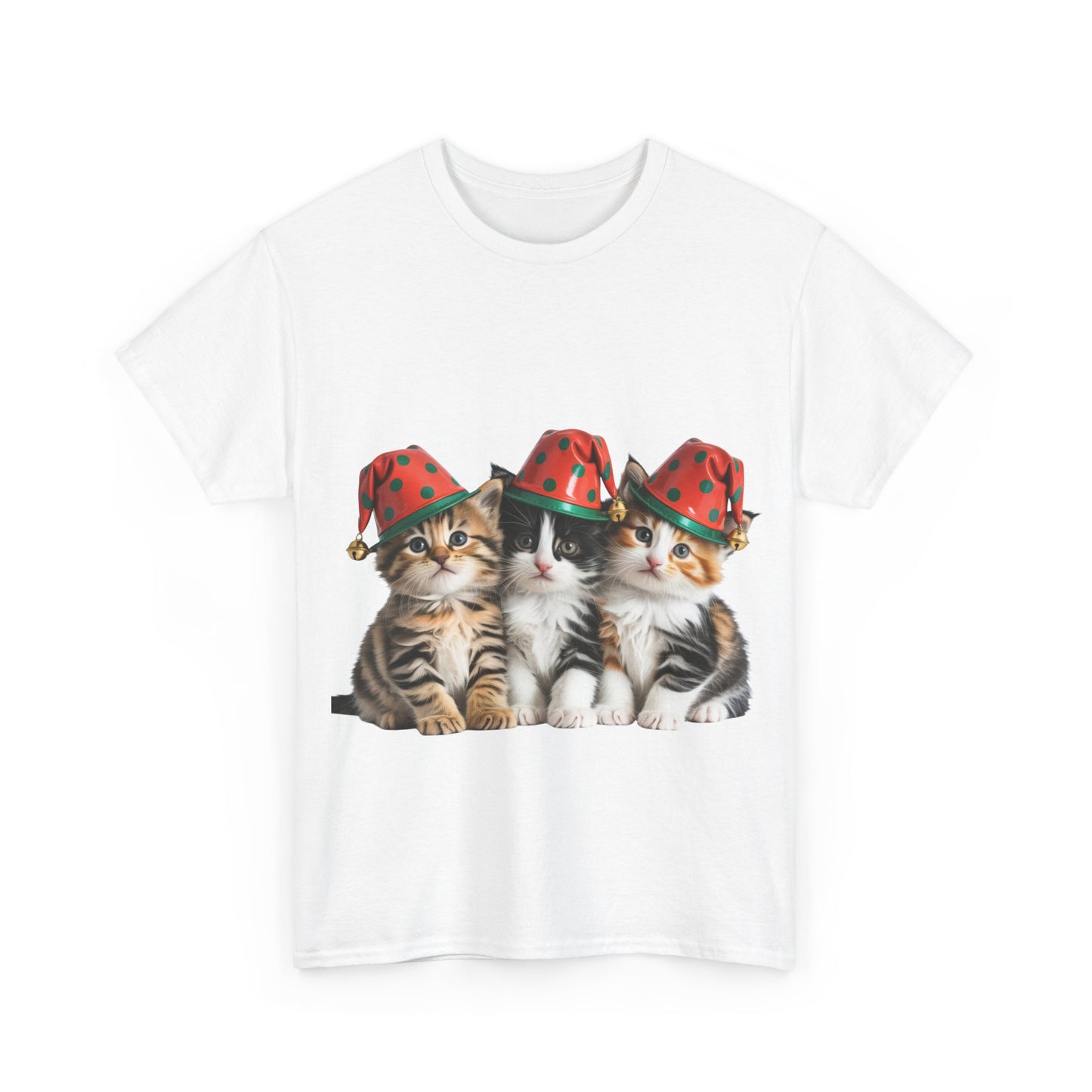 Cat Trio Christmas Tee — Cute Kittens in Santa Hats Holiday T-Shirt