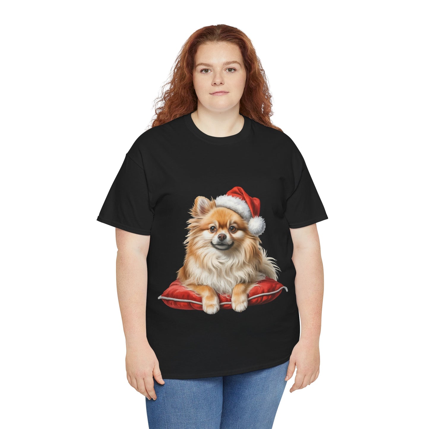 Pomeranian on a cushion Christmas Tee, Cute Pet Lover Shirt, Holiday Apparel, Great Gift for Dog Owners