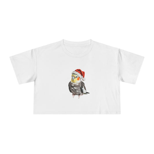 Crop Tee — Cute Cockatiel Wearing Santa Hat Christmas Top