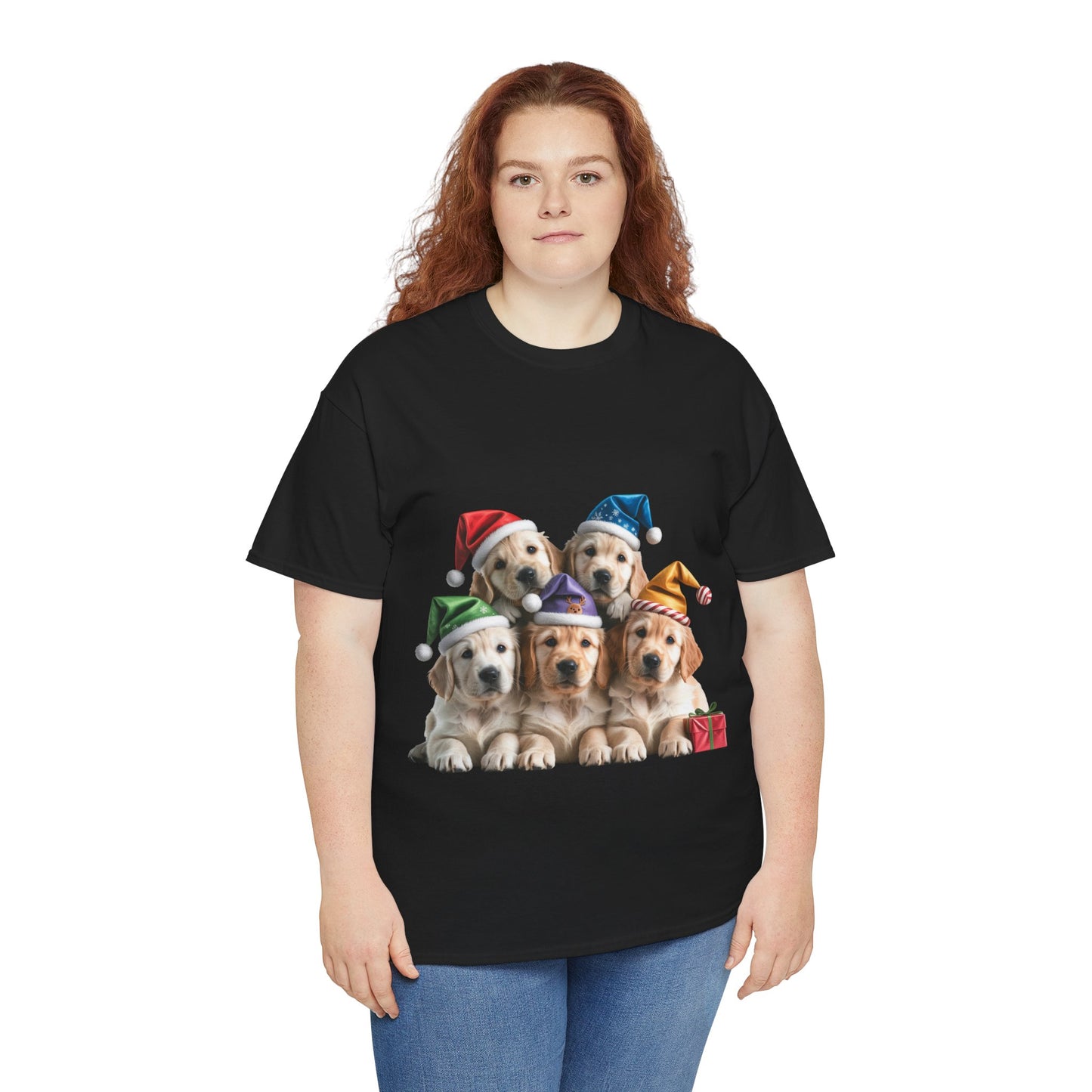 Christmas Puppies T-Shirt — Cute Golden Retriever Puppies in Santa Hats Holiday Tee