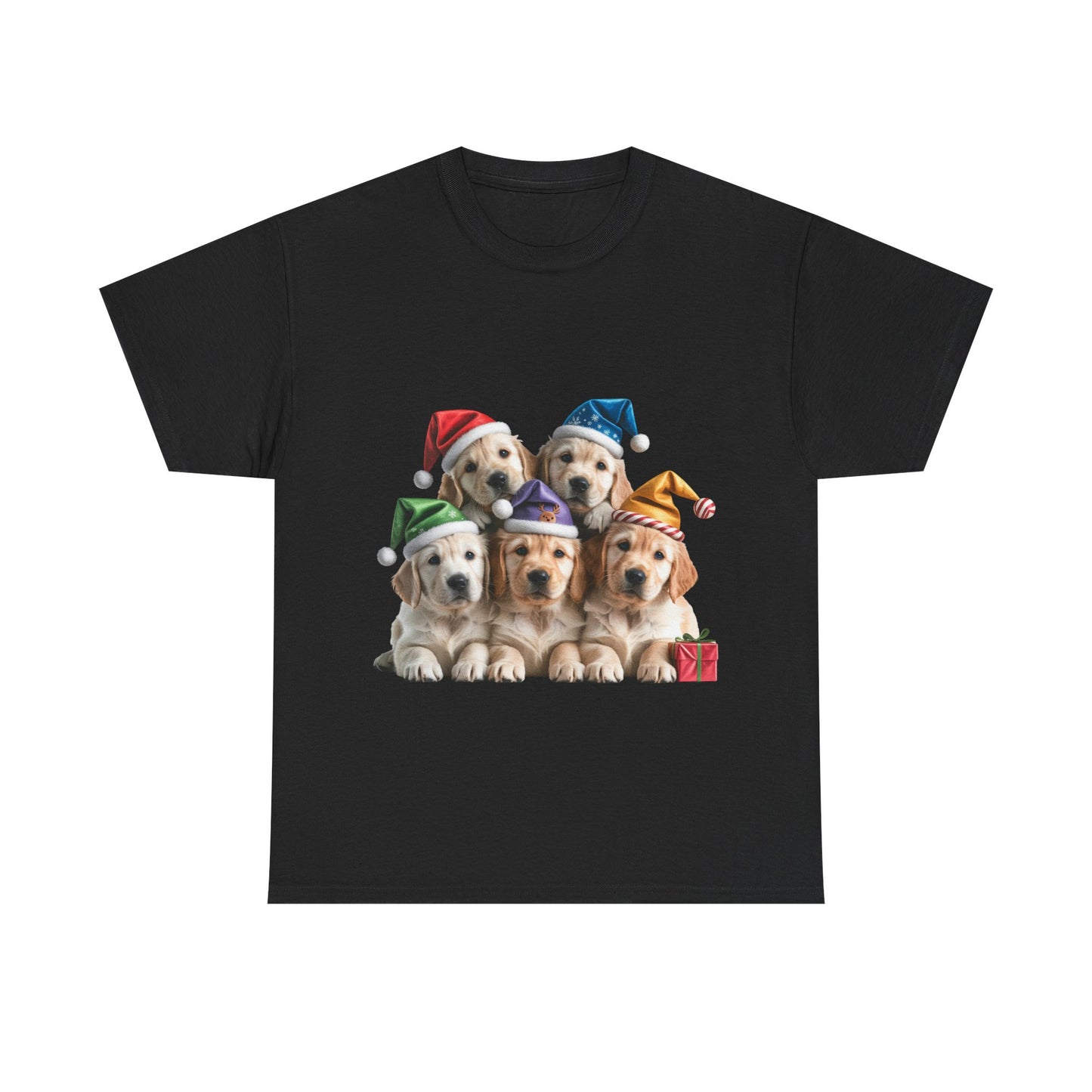 Christmas Puppies T-Shirt — Cute Golden Retriever Puppies in Santa Hats Holiday Tee