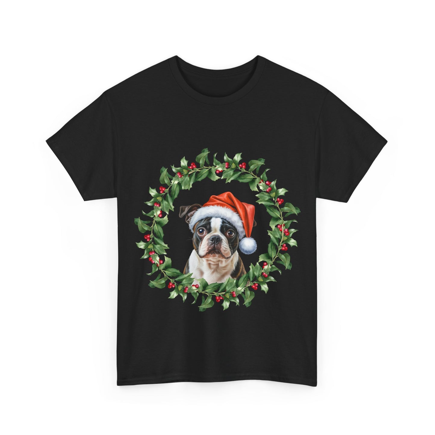 Boston Terrier Christmas wreath T-Shirt – Holiday Dog Lover Tee, Festive Small Dog Shirt, Cute Boston Terrier Xmas Gift, Pet Lover Apparel, Holiday Puppy Shirt for Boston Terrier Lovers