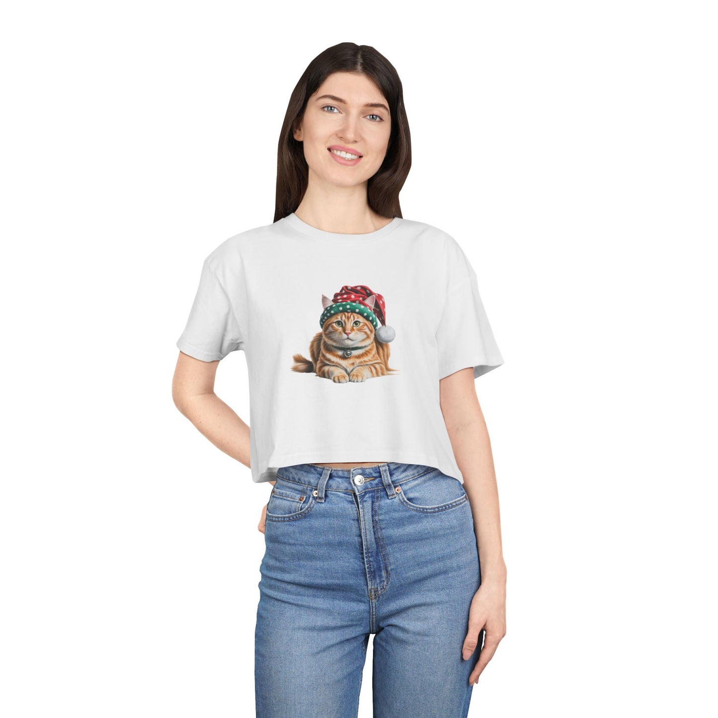 Christmas Ginger cat with polka dot Christmas hat Crop Tee - Cute Ginger cat with Santa Hat Holiday Top
