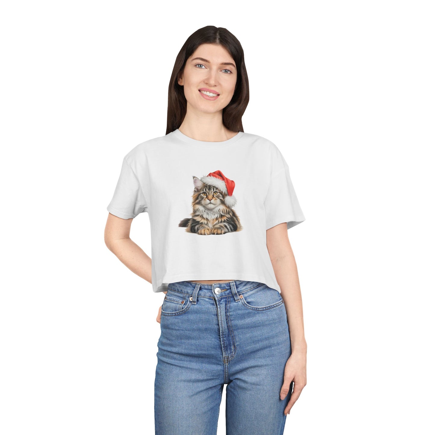Christmas Maine Coon Crop Tee — Maine Coon Cat Wearing Santa Hat Holiday Top