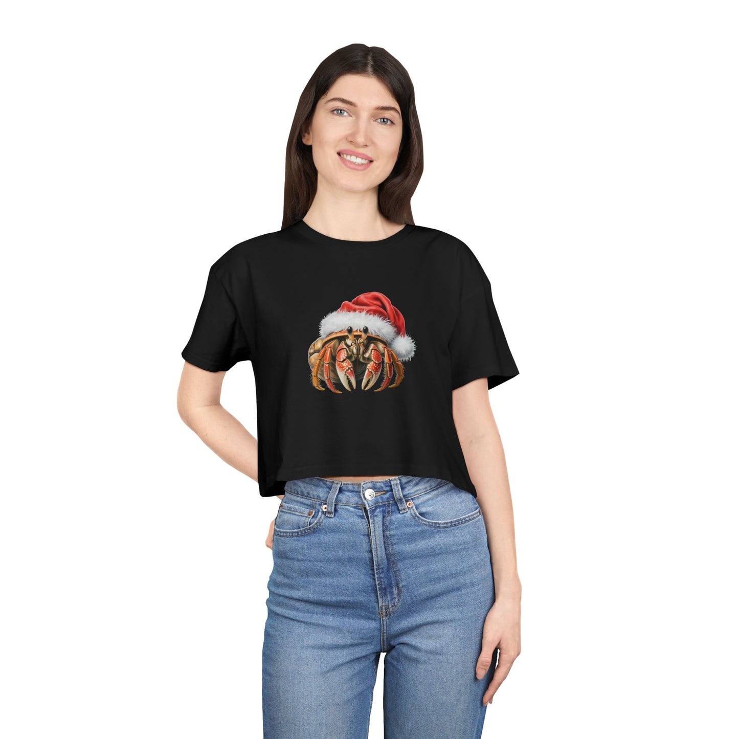 Christmas Hermit Crab Crop Tee – Festive Santa Hat Beach Vibes