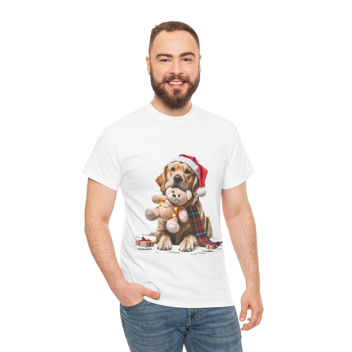 Christmas Puppy T‑Shirt — Dog in Santa Hat Hugging Teddy Holiday Tee