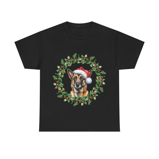 Belgian Malinois Christmas wreath T-Shirt, Festive Belgian Malinois Dog Christmas Tee, Cute Pet Lover Shirt, Holiday Apparel, Great Gift for Dog Owners