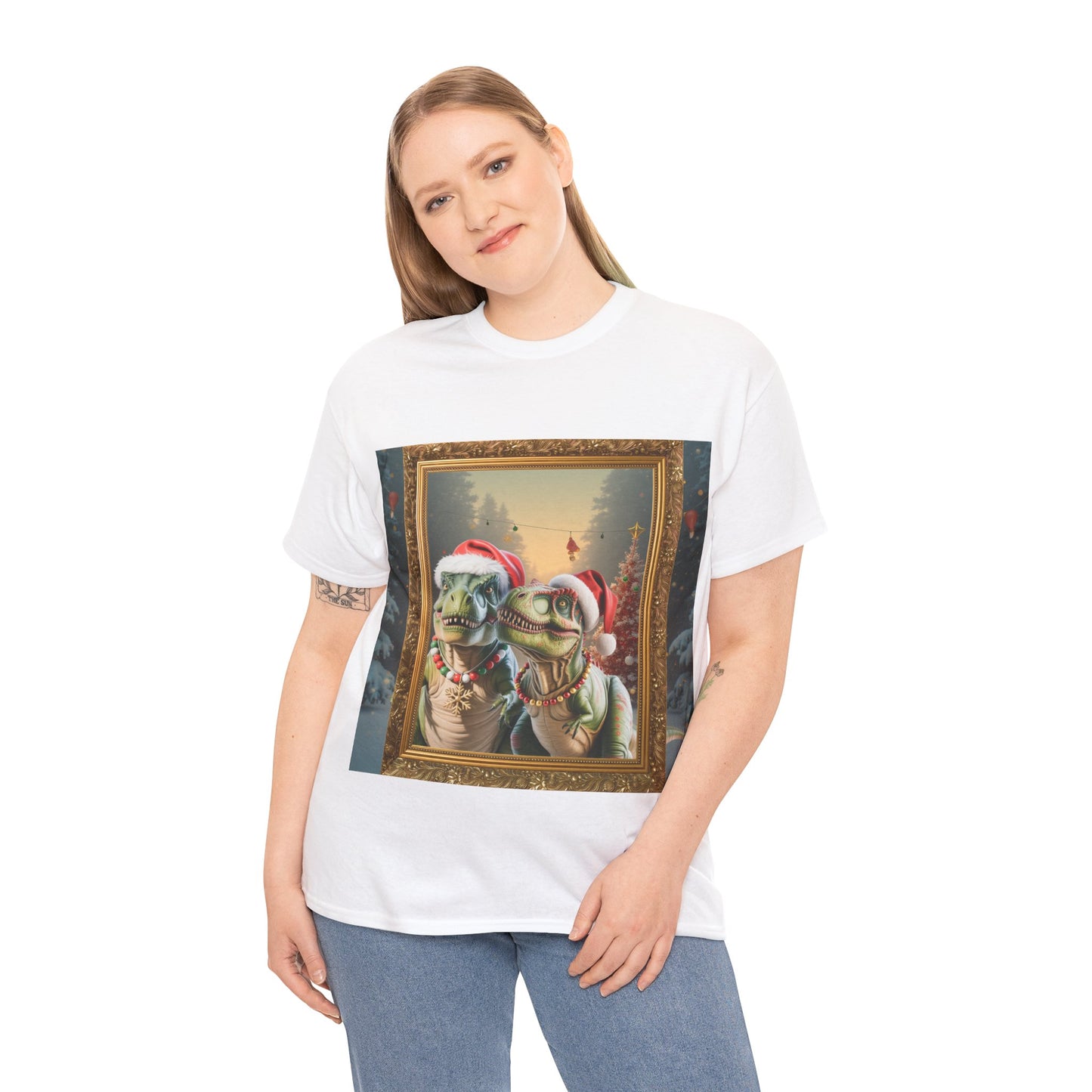 T-Shirt — Vintage Christmas T-Rexes in Santa Hats Holiday Graphic Tee