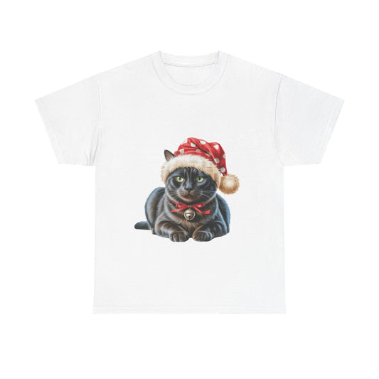 Black Cat in Santa Hat T-Shirt — Cute Christmas Black Cat Holiday Tee