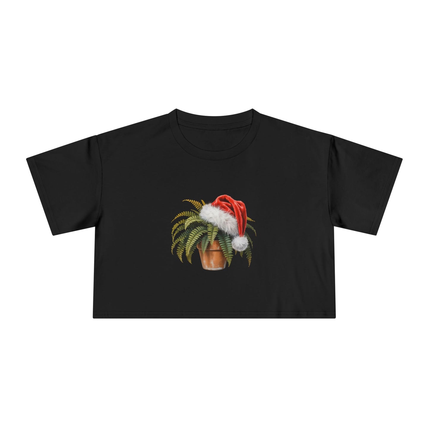 Crop Tee — Potted Fern Plant with Santa Hat Christmas Crop Top