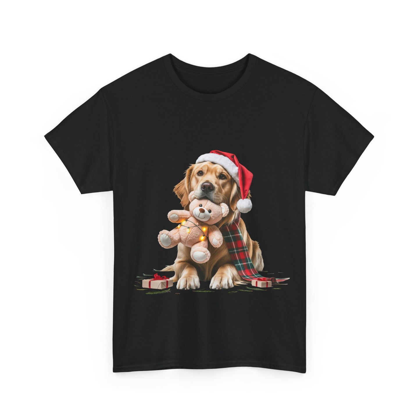Christmas Puppy T‑Shirt — Dog in Santa Hat Hugging Teddy Holiday Tee