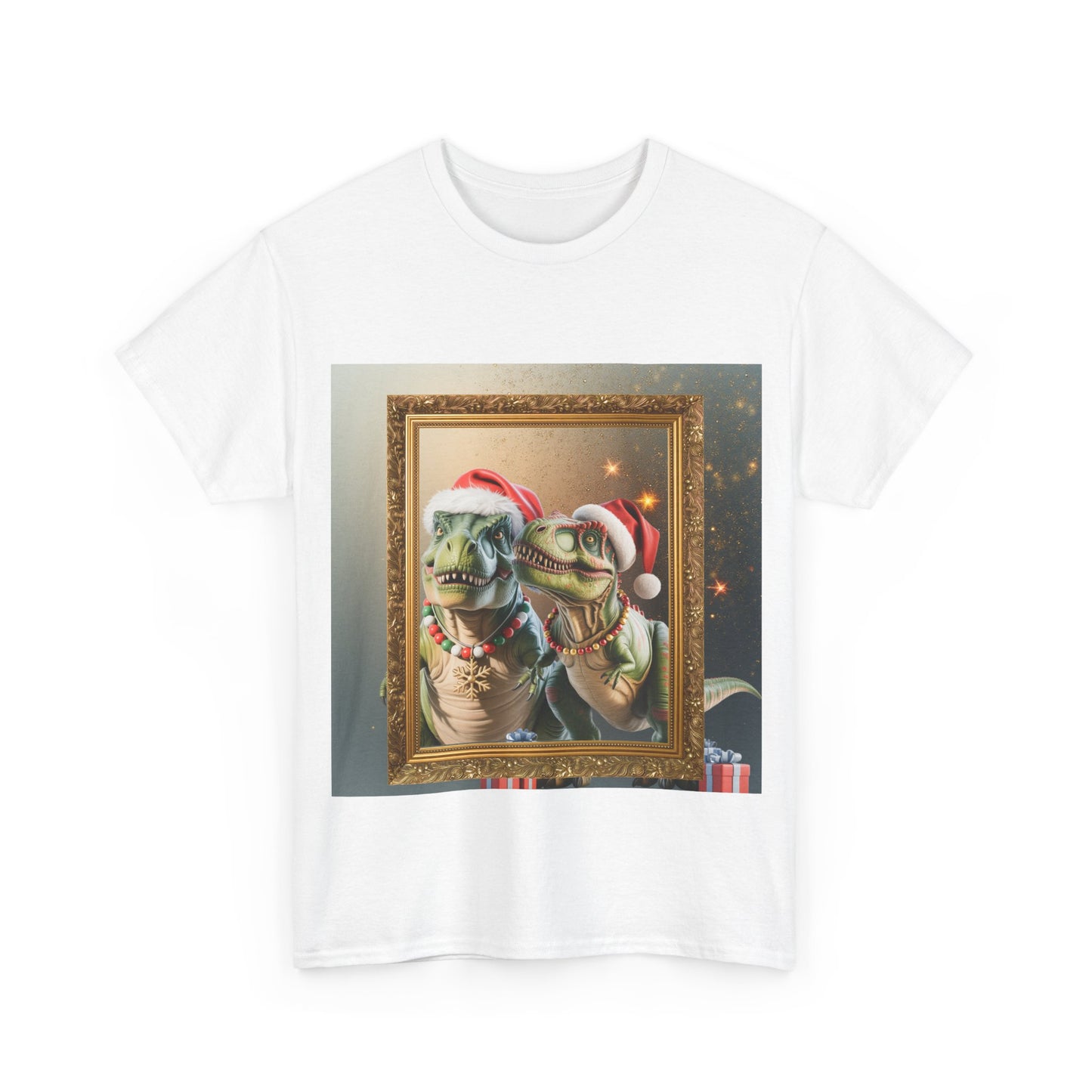 Christmas Mr & Mrs T-Rex T-Shirt — Festive T-Rex in Santa Hat with Presents