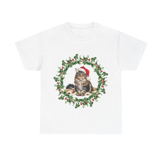 Maine Coon cat Christmas wreath T-Shirt, Festive Maine Coon Cat Christmas Tee, Cute Pet Lover Shirt, Holiday Apparel, Great Gift for Pet Owners