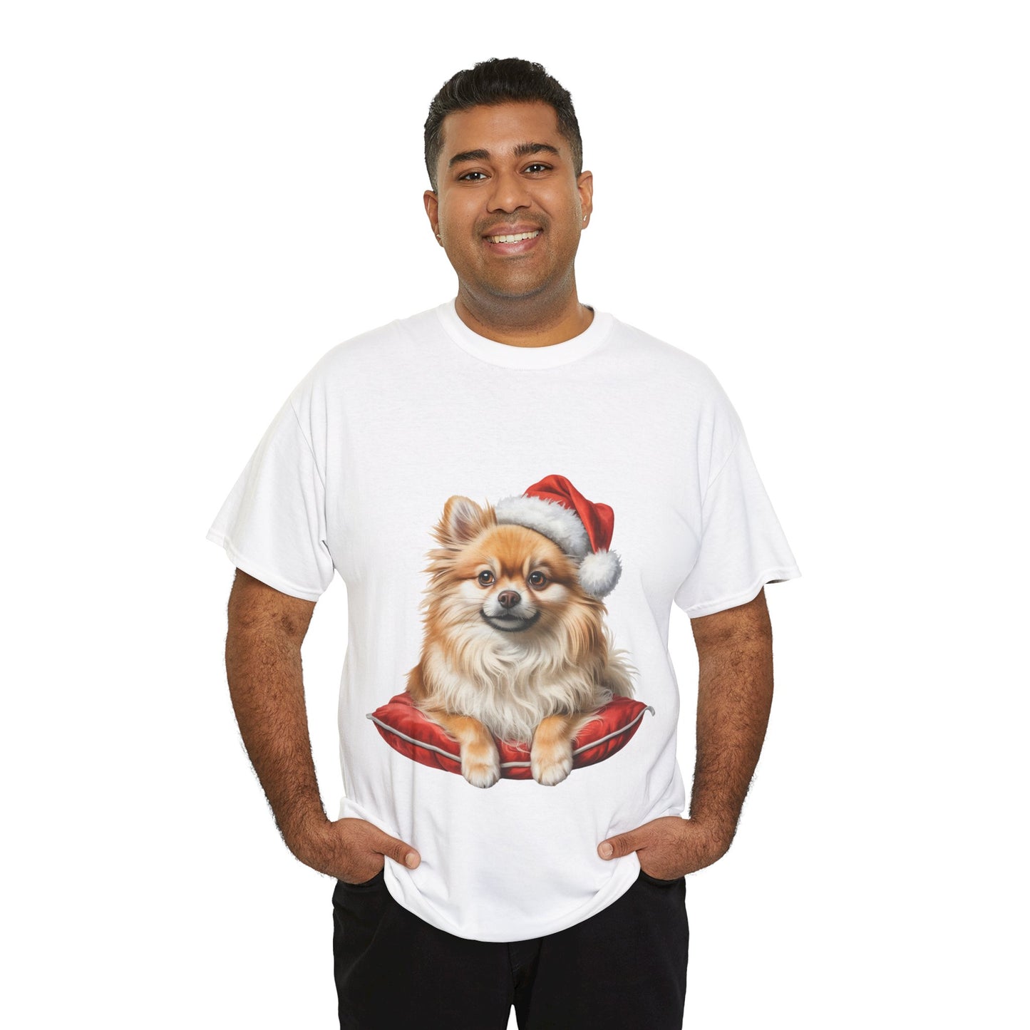 Pomeranian on a cushion Christmas Tee, Cute Pet Lover Shirt, Holiday Apparel, Great Gift for Dog Owners