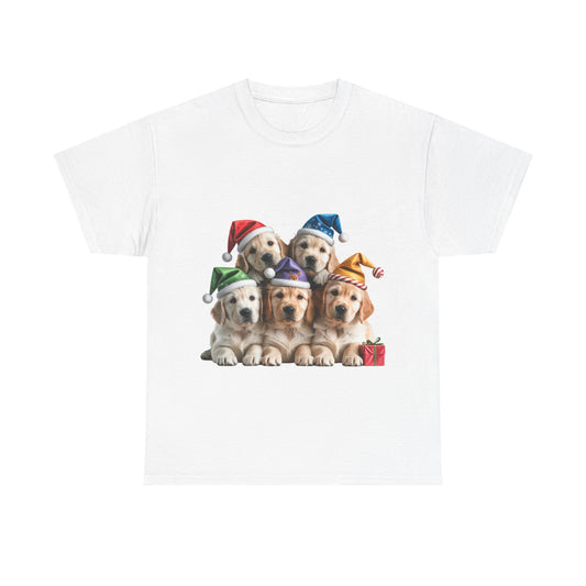 Christmas Puppies T-Shirt — Cute Golden Retriever Puppies in Santa Hats Holiday Tee