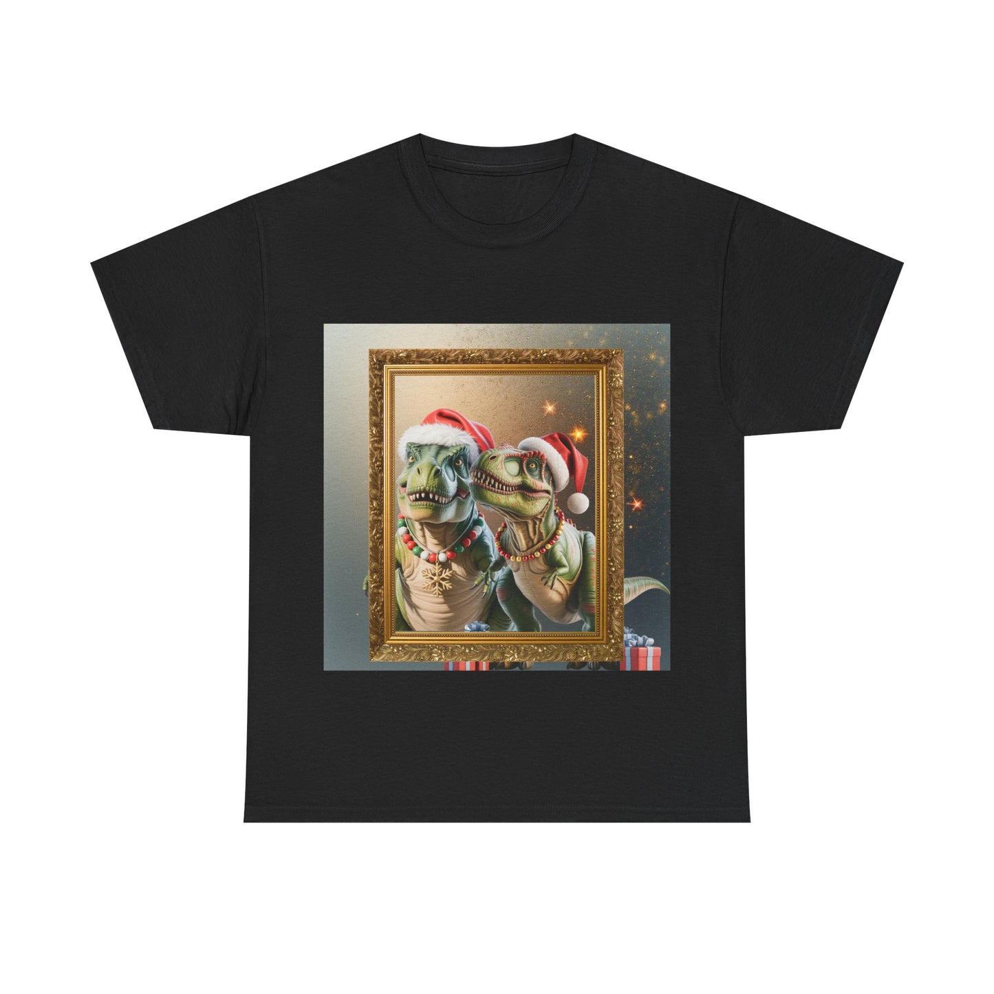 Christmas Mr & Mrs T-Rex T-Shirt — Festive T-Rex in Santa Hat with Presents