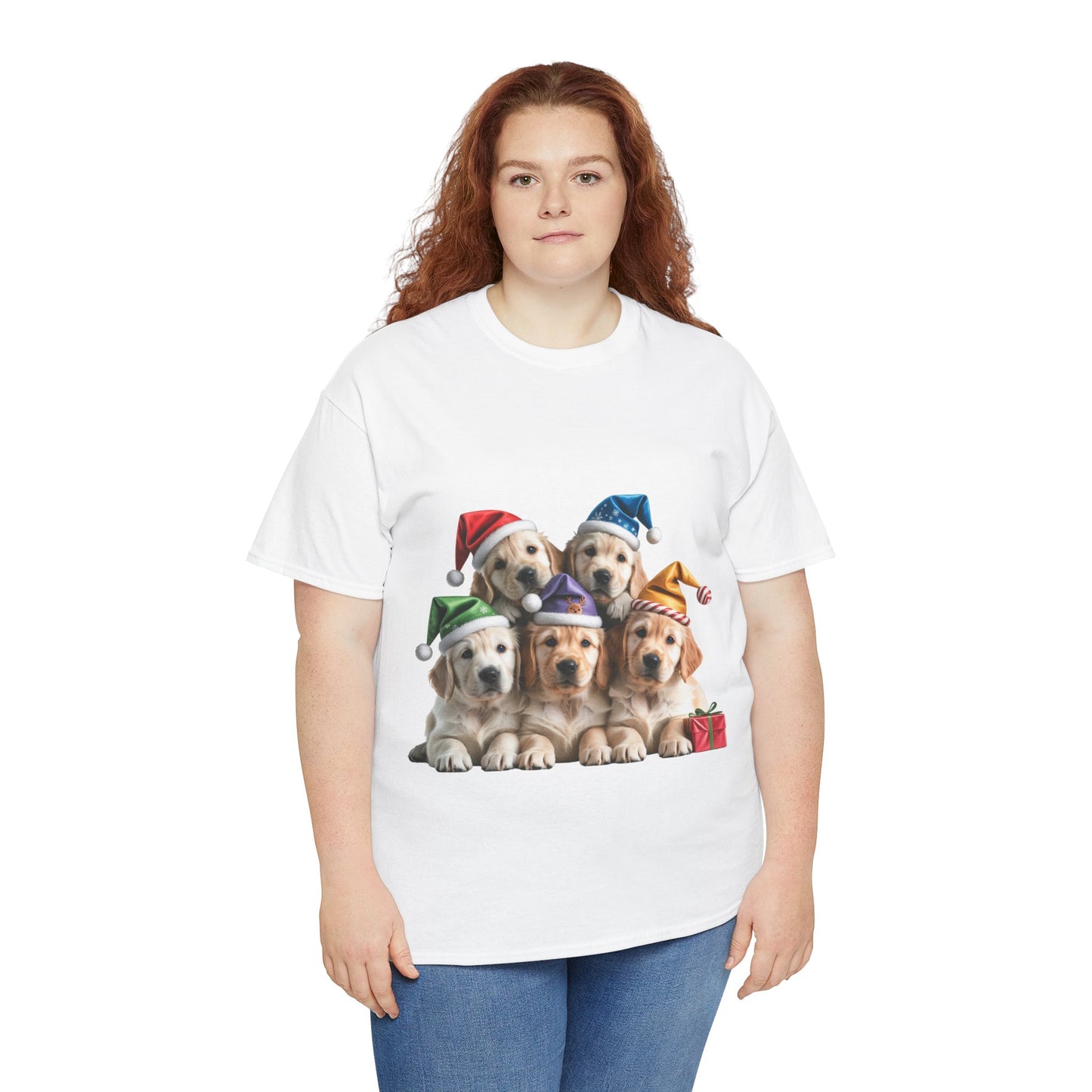 Christmas Puppies T-Shirt — Cute Golden Retriever Puppies in Santa Hats Holiday Tee
