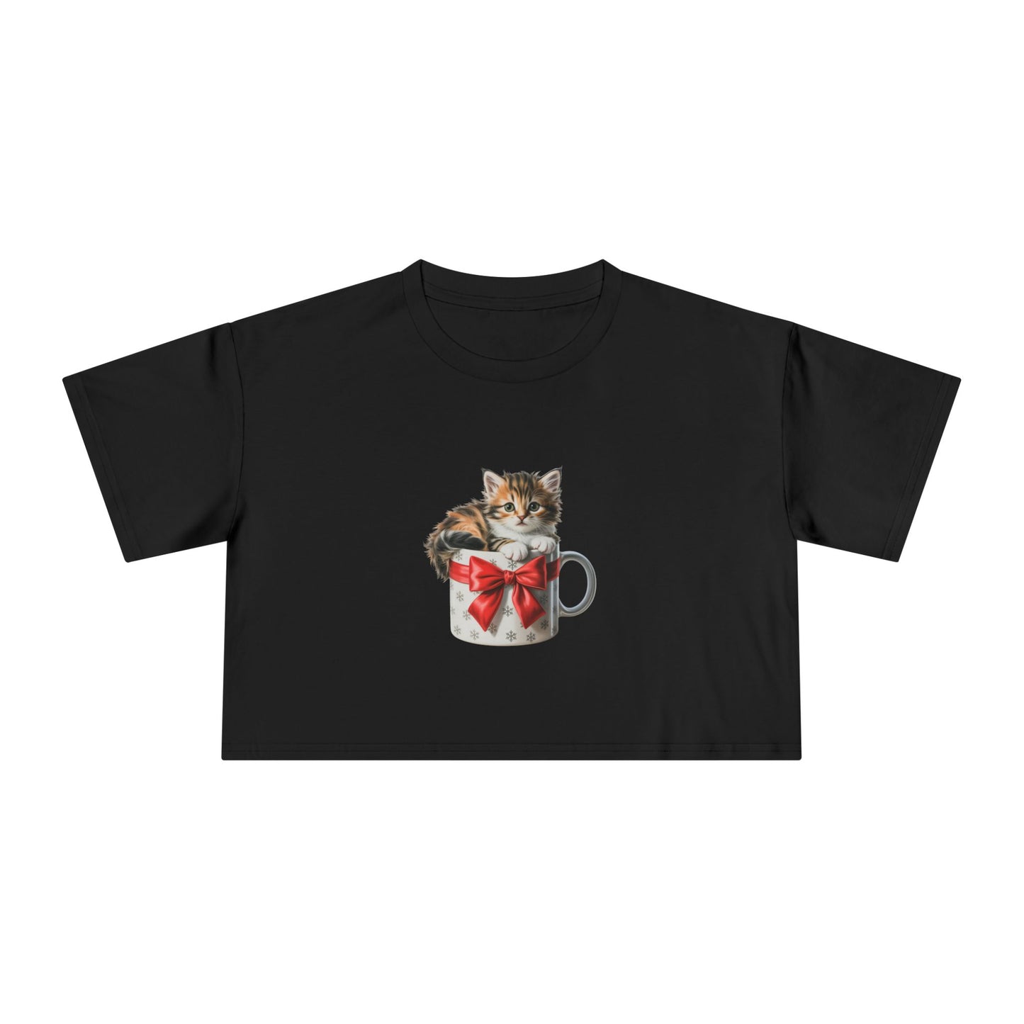 Kitten in Gift Mug Crop Tee - Cute Cat Graphic Women's Top