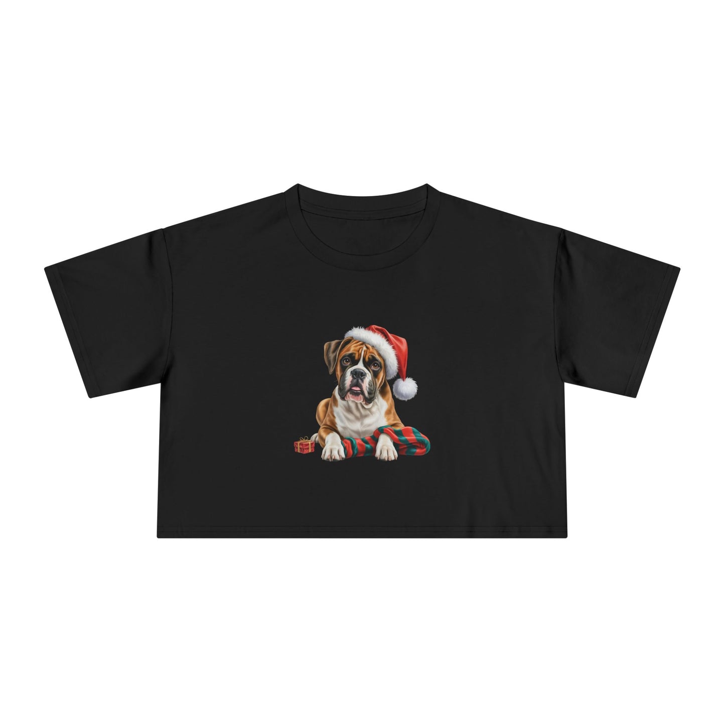 Christmas Boxer Crop Tee — Boxer dog in Santa Hat Holiday Top